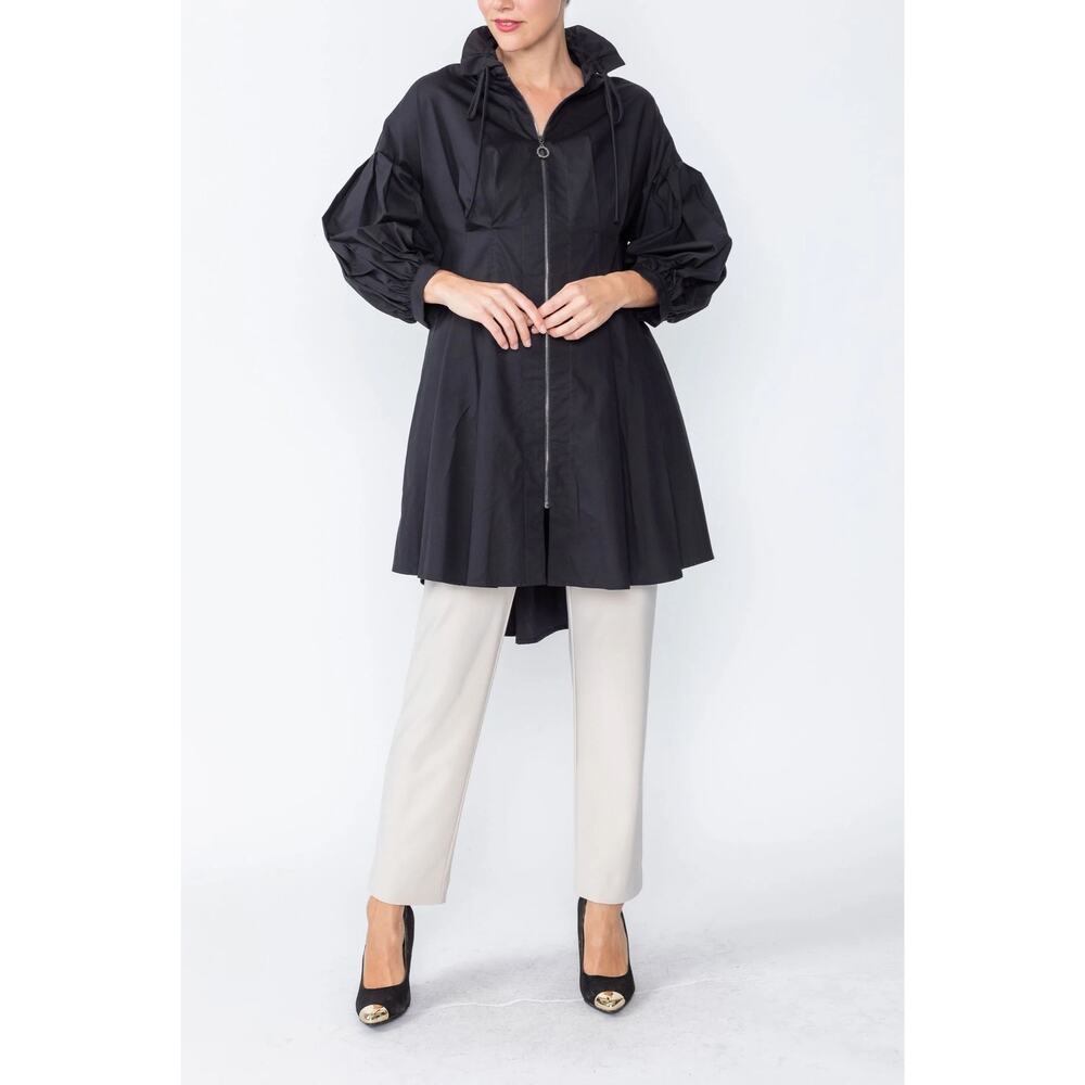 IC Collection Black Cinched Waist Jacket Women’s M Stand Collar A-Line Cotton